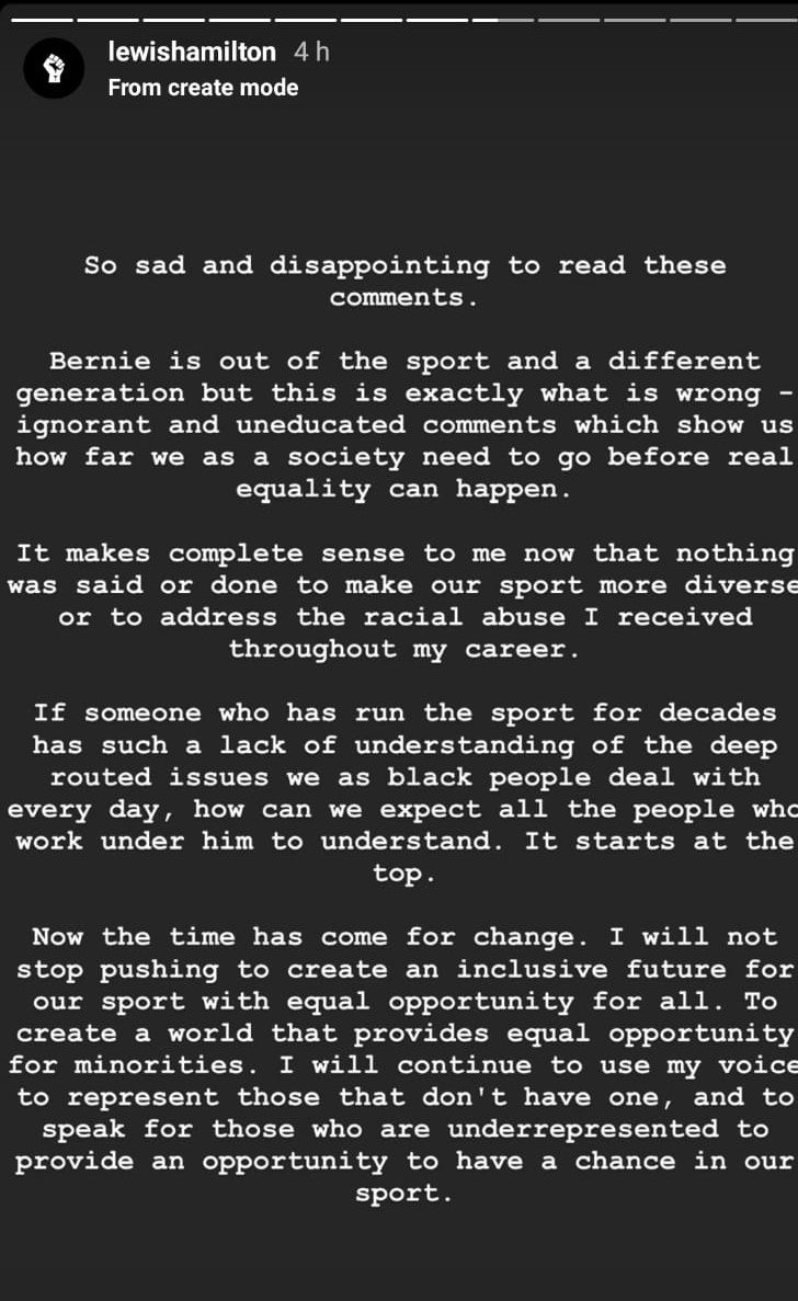 Hamilton condemns Ecclestone for ‘ignorant, uneducated’ racism comment